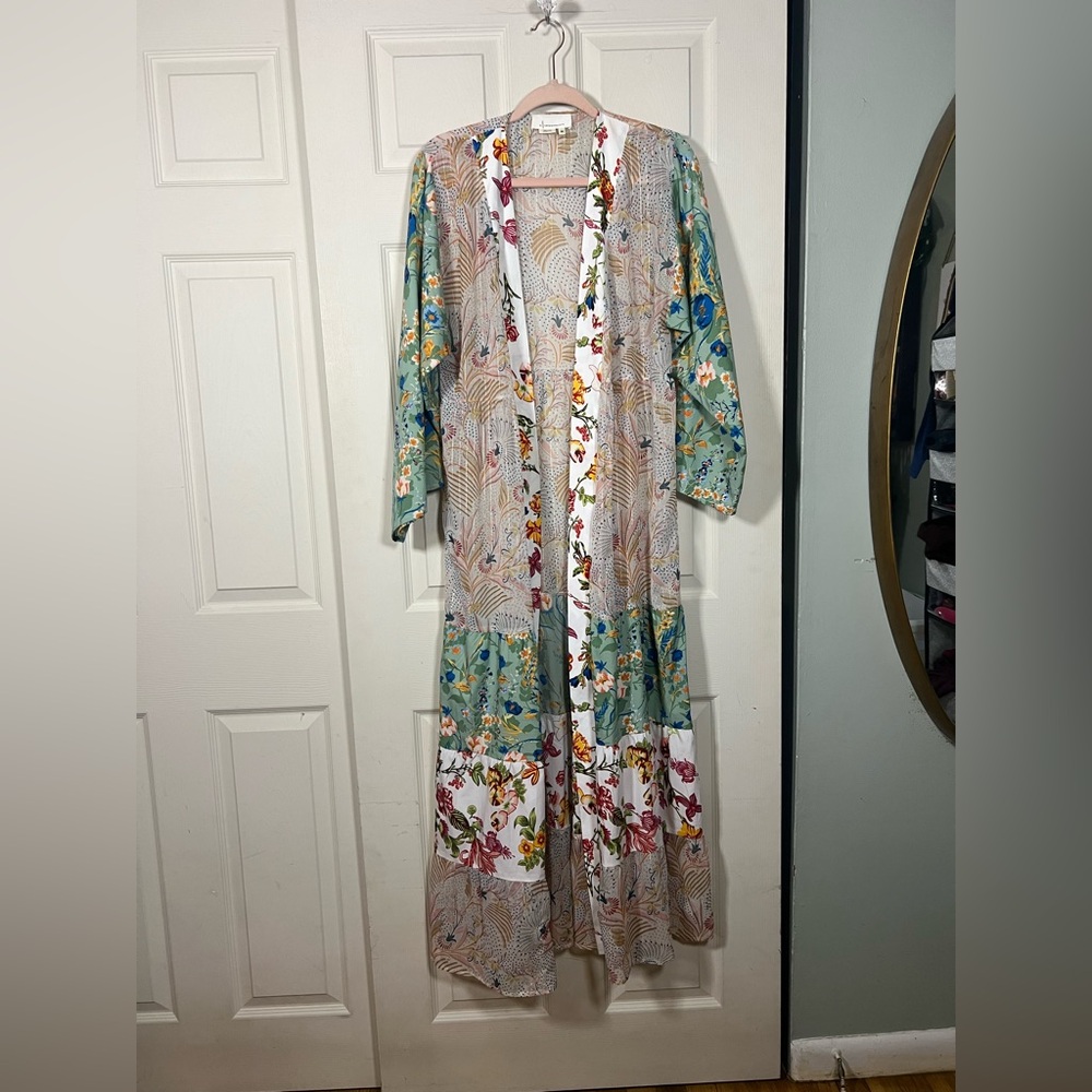 Anthropologie Floral Patchwork Long Cardigan - Teal, White, Pink